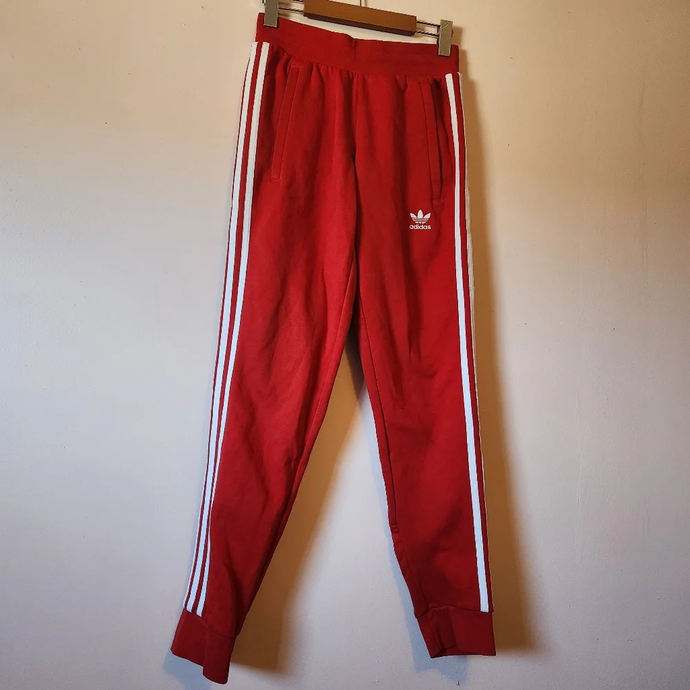 Adidas Originals 3-Stripes Joggers Red White XS Fleece Track Pants - Picture 2 of 9